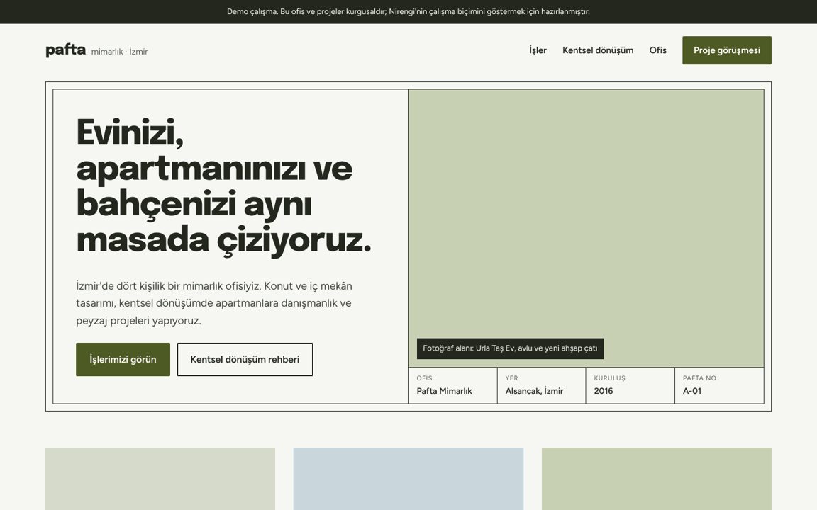 Pafta Mimarlık demo sitesinin ana sayfası